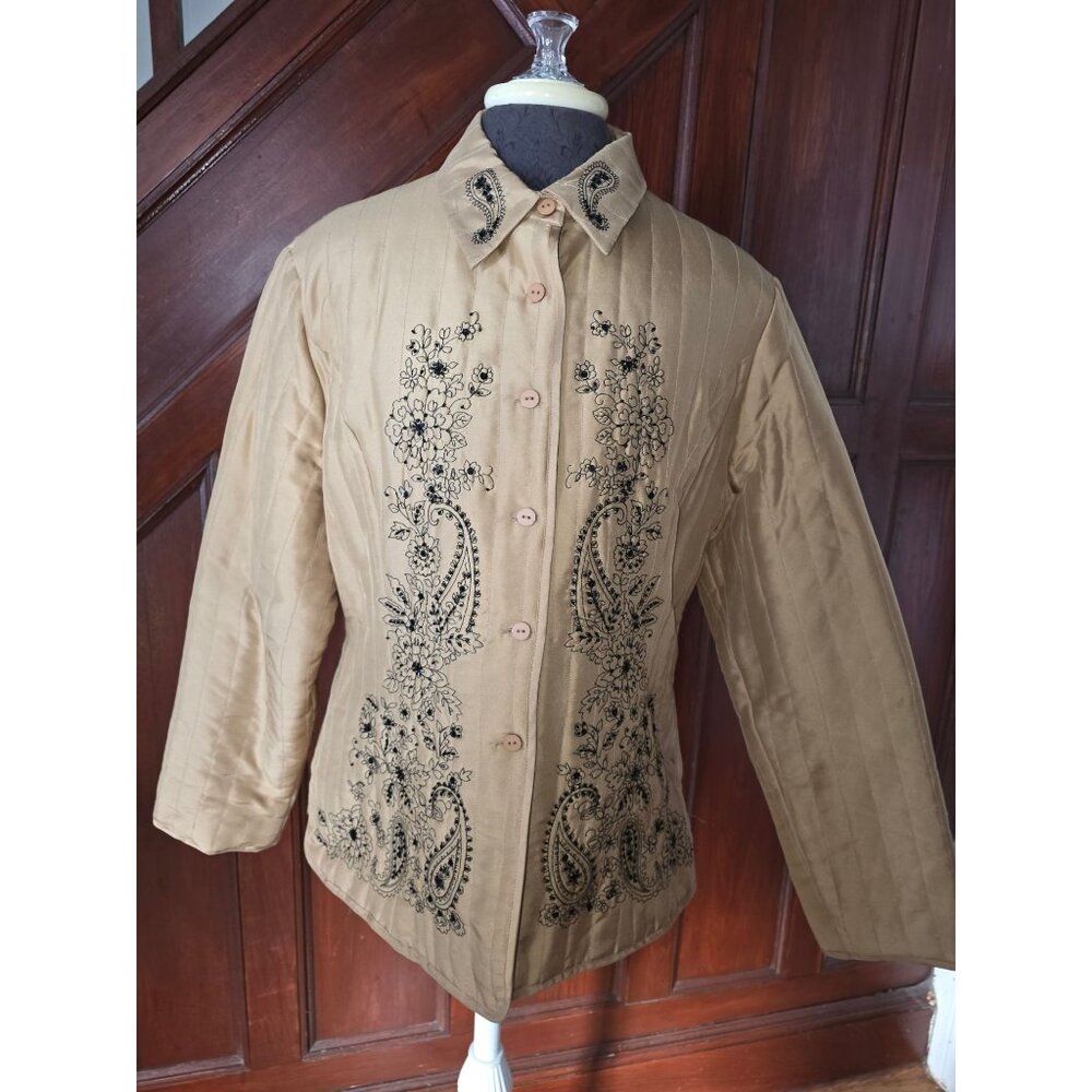 Vintage Carol Little  Paisley Embroidered Quilted Silk Jacket Tan Beige Button D